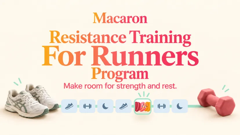 Running shoes and a weekly calendar illustrate a resistance training for runners program with rest days.