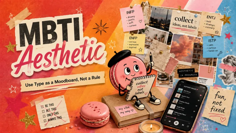MBTI Aesthetic Moodboard Concept Graphic Vibrant graphic encouraging users to treat MBTI personality types as moodboard inspiration rather than strict rules.