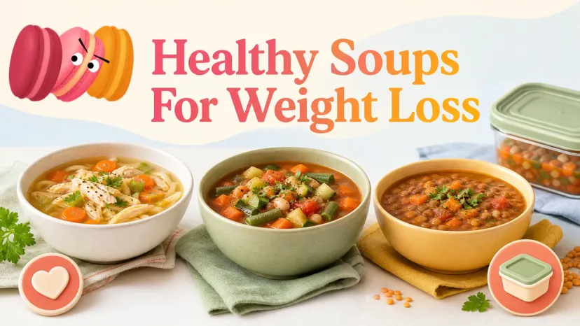 Three different bowls of chicken, vegetable, and bean choices presenting healthy soups for weight loss.