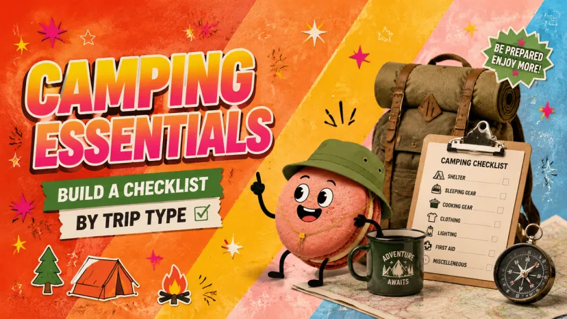 Colorful graphic featuring a camping essentials checklist, backpack, and a fun character to help you prepare for trips.