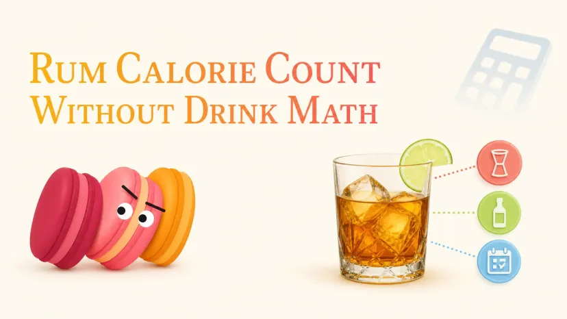 An infographic glass of dark spirit with lime illustrating a simplified rum calorie count guide.