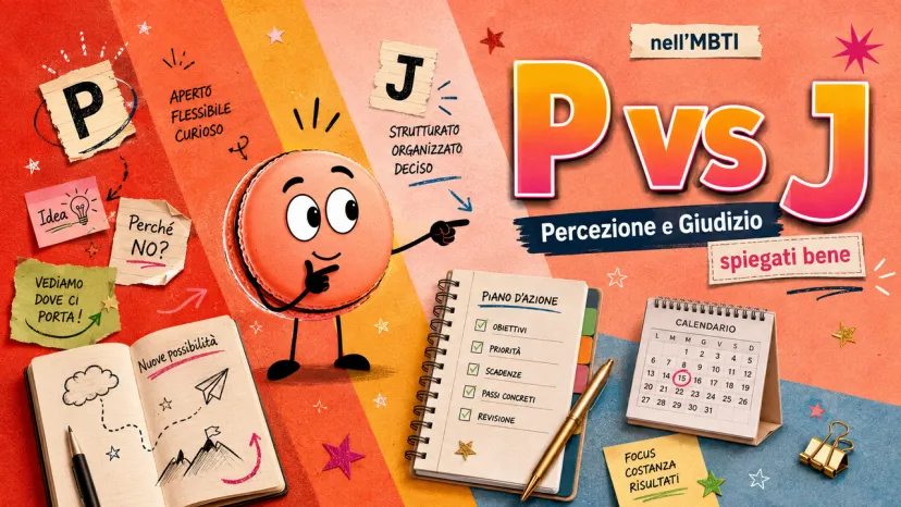 Infografica sul tipo MBTI che confronta Percezione (P) e Giudizio (J) tra flessibilità e pianificazione.