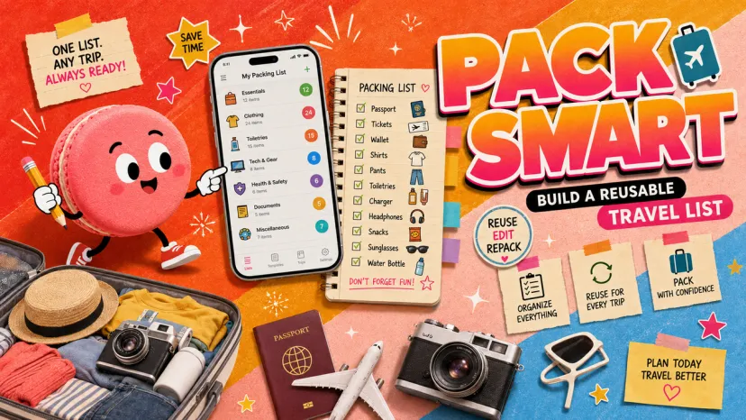 A colorful Pack Smart app interface showing a comprehensive list of packing items alongside a suitcase and camera.