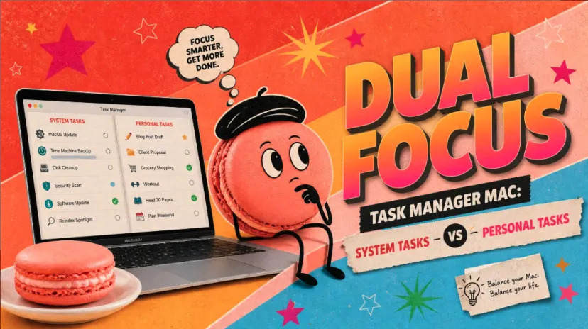 Illustration of a task manager mac app balancing system and personal tasks, featuring a cute thinking macaron character.
