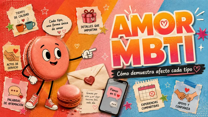 Infografía ilustrada con personajes de macarrones que muestra los lenguajes del amor según la personalidad MBTI.