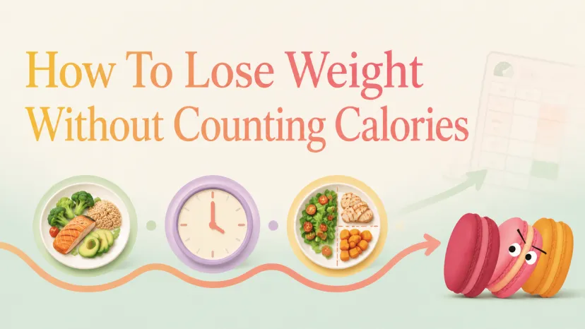 Infographic with meal plates and a clock explaining how to lose weight without counting calories.
