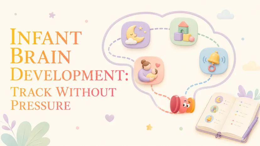 A brain outline diagram with icons showing stress-free tracking of infant brain development.