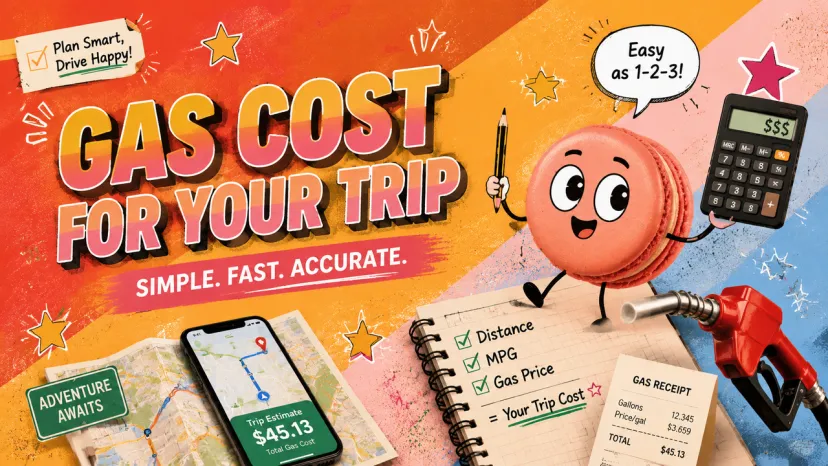 Fun illustration showing how to calculate gas cost for trip using distance, MPG, and gas price with a calculator and phone.