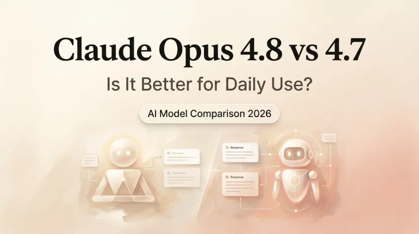 Comparison banner for Claude Opus 4.8 vs 4.7 showing AI robot icons and feature checkboxes for daily use evaluation.
