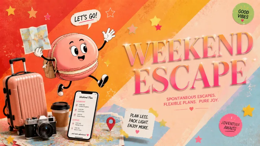 A fun graphic for planning spontaneous weekend getaways with a suitcase, camera, phone itinerary, and a cute macaron character.