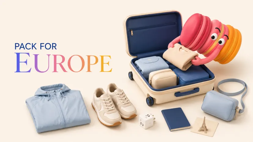A cute macaron character packing a suitcase with clothes, shoes, and a power adapter showing what to pack for europe trip.