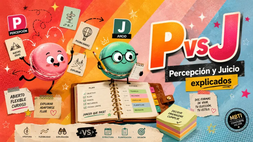 Infografía de MBTI comparando Percepción (P) flexible y Juicio (J) organizado, con personajes de macarons.