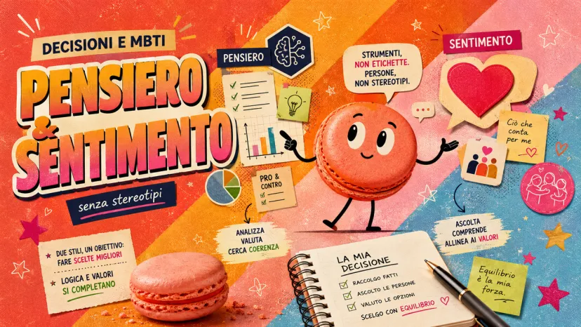 Infografica sul tipo MBTI che confronta Pensiero e Sentimento per decisioni tra logica e valori.