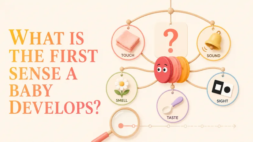 Infographic displaying touch, sound, sight, taste, and smell to show what is the first sense a baby develops.