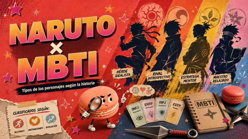 Banner promocional con siluetas de Naruto, Sasuke, Shikamaru y Kakashi, acompañado de un macarrón 3D con lupa y cartas de tipos MBTI.