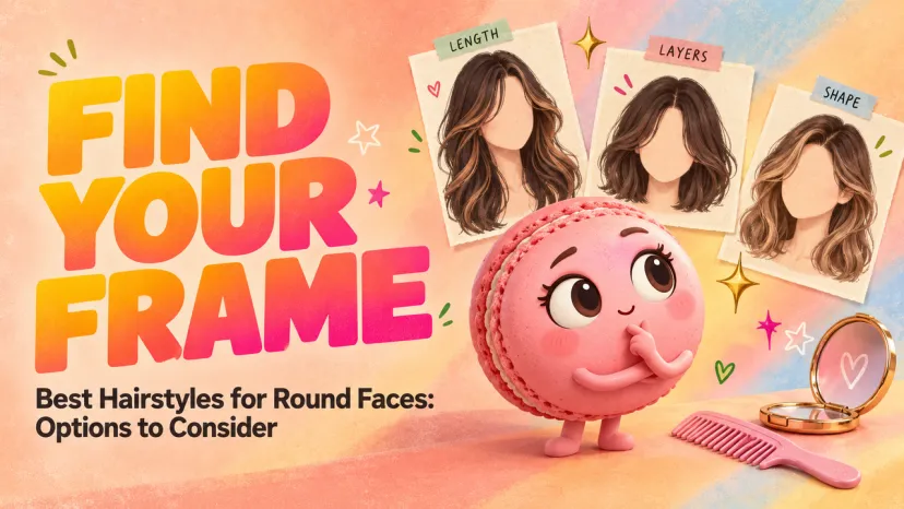 Find Your Frame: Best Hairstyles for Round Faces Infographic Guide Infographic showing length, layers, and shape for best hairstyles for round faces with a pink macaron character.