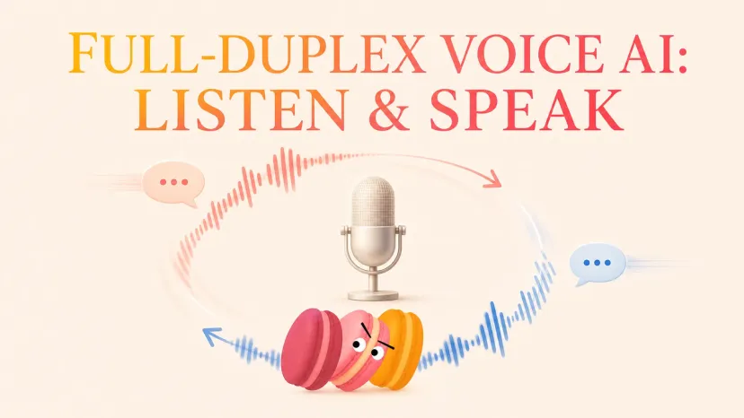 Overview of Full-Duplex Voice AI Listen and Speak Concept A conceptual banner explaining full-duplex voice AI with a microphone and colorful sound waves.