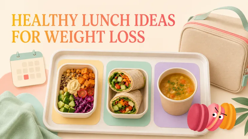 Healthy lunch ideas for weight loss featuring a tray with a quinoa salad bowl, veggie wrap, and vegetable soup.
