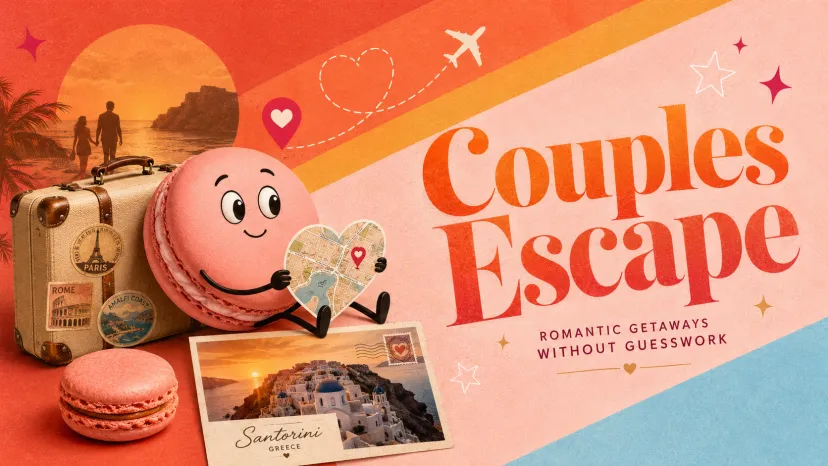 Pink macaron character holding a heart-shaped map next to vintage suitcase and Santorini postcard, promoting romantic getaways for couples with effortless travel inspiration.