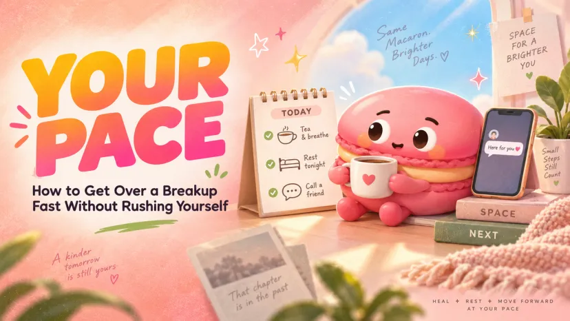 A cute macaron character showing how to get over a breakup fast by taking time to heal at your own pace.