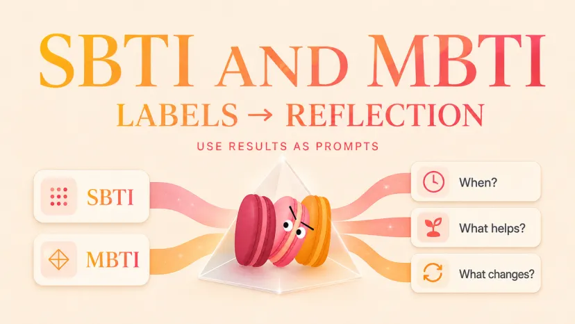 SBTI and MBTI reflection graphic turning test labels into prompts about timing, support, and changing behavior.