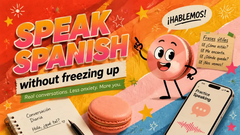 Speak Spanish Without Freezing Up Poster A cute cartoon macaron character pointing to phrases, motivating users to try spanish conversation practice.