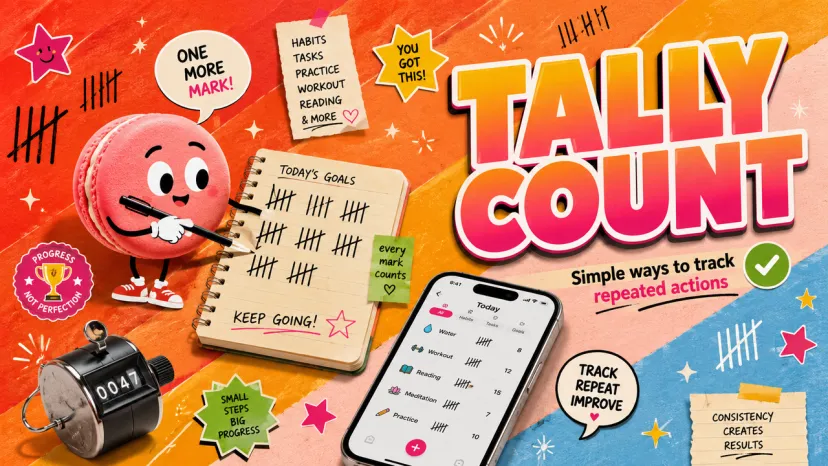 Illustration of a character keeping a tally count in a notebook, next to a mobile tracking app and a mechanical hand counter.