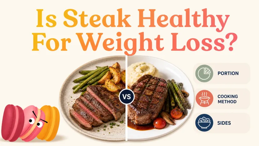 Sliced beef on plates with greens and potatoes, showing if is steak healthy for weight loss programs.