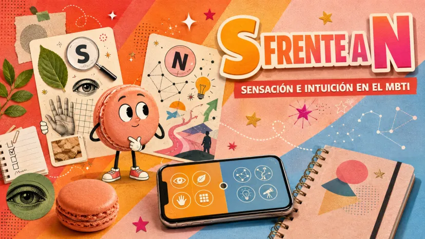 Sensación vs Intuición (S frente a N) en el MBTI Ilustración de un macaron comparando la Sensación (S) y la Intuición (N) en la teoría de personalidad MBTI.