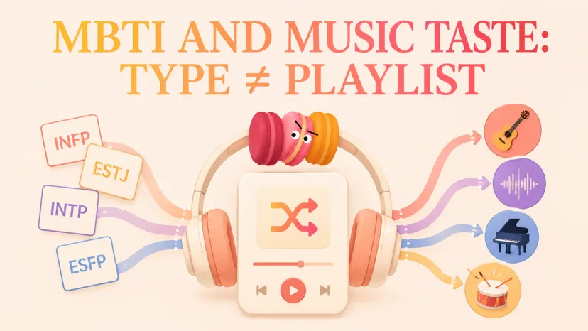 MBTI and Music Taste Type vs Playlist Concept Banner Overview graphic exploring MBTI and music taste showing personality types connected to instruments.