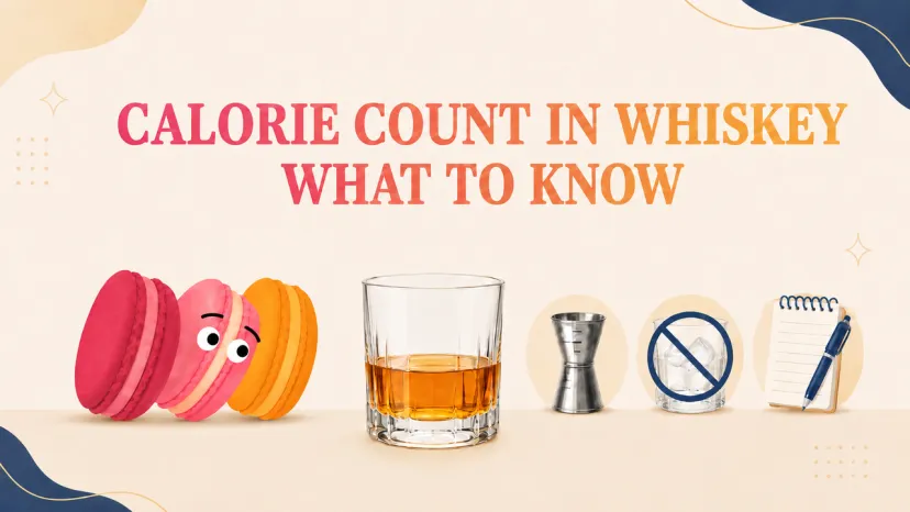 Essential Guide on Calorie Count in Whiskey Infographic detailing the calorie count in whiskey with icons for measuring, tracking, and mixing limitations.