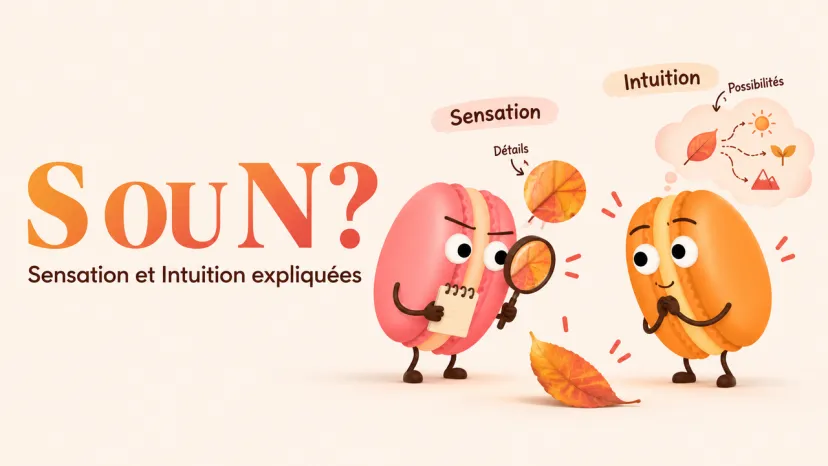 S ou N dans le MBTI : Différence entre Sensation et Intuition Illustration montrant la préférence S ou N dans le MBTI via deux personnages analysant une feuille morte.