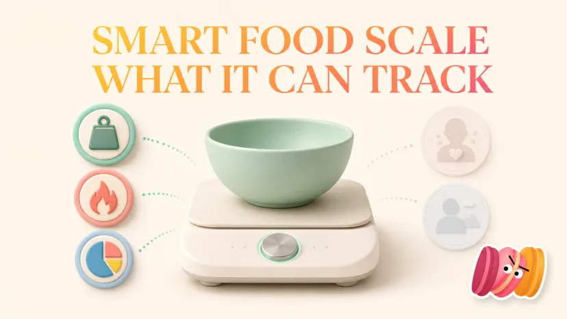 Graphic illustration showing a bowl on a smart food scale with tracking icons for weight, calories, and macros.