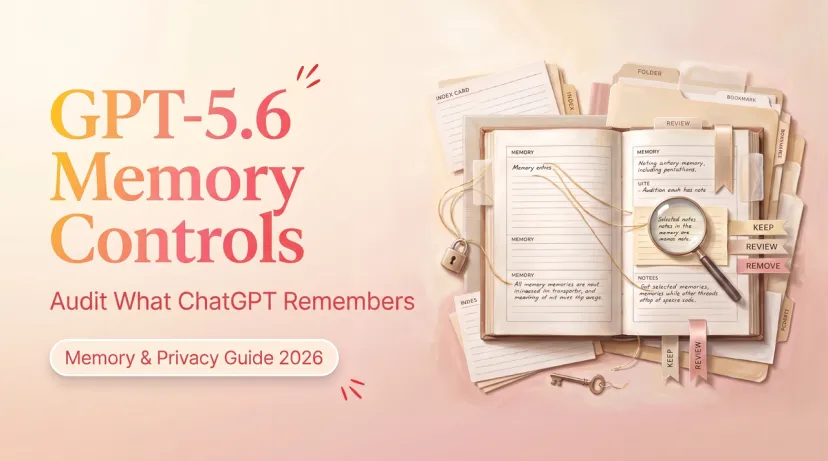 GPT-5.6 Memory Controls & Management Interface Interface with an open notebook, magnifying glass, and lock, illustrating GPT-5.6 memory controls and privacy guide.