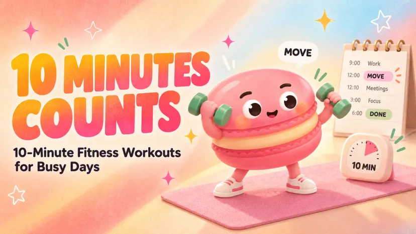 10 Minutes Counts: The Best 10-Minute Fitness Workouts for Busy Days Cartoon macaron character lifting weights, showing how 10-minute fitness workouts for busy days can fit your schedule.