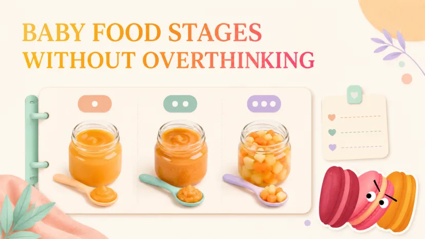 Three glass jars displaying purees to dicing textures, illustrating the progression of baby food stages.