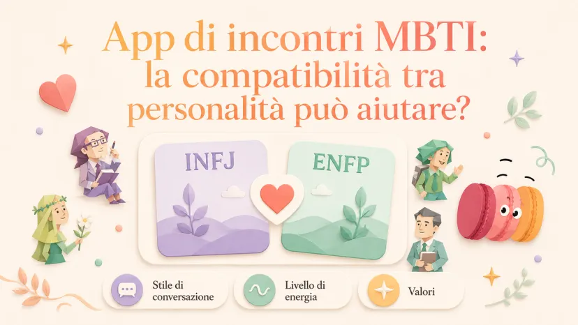 Illustrazione sulla compatibilità tra il tipo MBTI INFJ ed ENFP per app di incontri.
