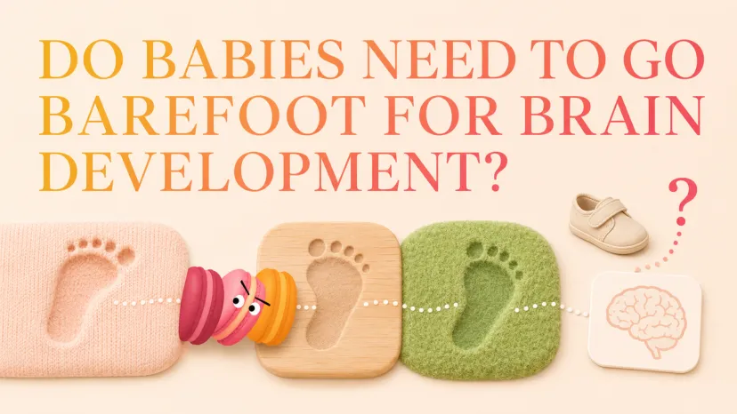 A banner asking do babies need to go barefoot for brain development with textured footprints.