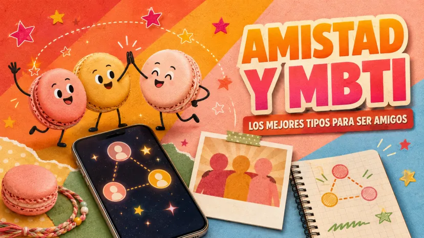 Amistad y MBTI: Los mejores tipos de personalidad para ser amigos Ilustración colorida de macarons chocando los cinco que representa la amistad y los mejores tipos del MBTI para amigos.