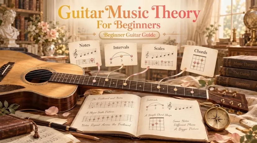 Master essential concepts like notes, intervals, scales, and chords through comprehensive guitar music theory. 