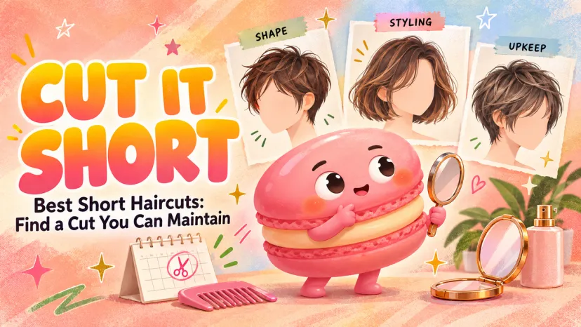 Cut It Short: Finding the Best Short Haircuts You Can Maintain Pink macaron holding a mirror next to short hairstyle cards showcasing the best short haircuts