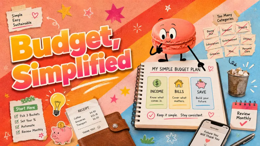 Retro-style illustration of a pink macaron character pointing to a notebook on how to start a budget plan.