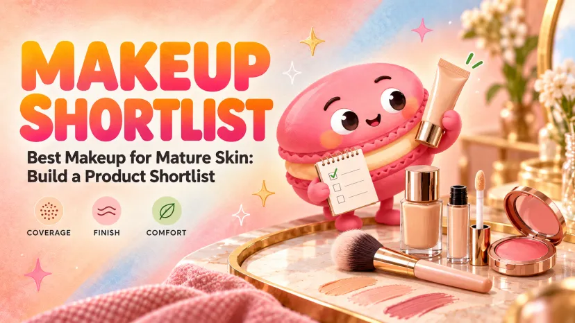 Illustration of a macaron character building a shortlist of the best makeup for mature skin, with foundation and blush.