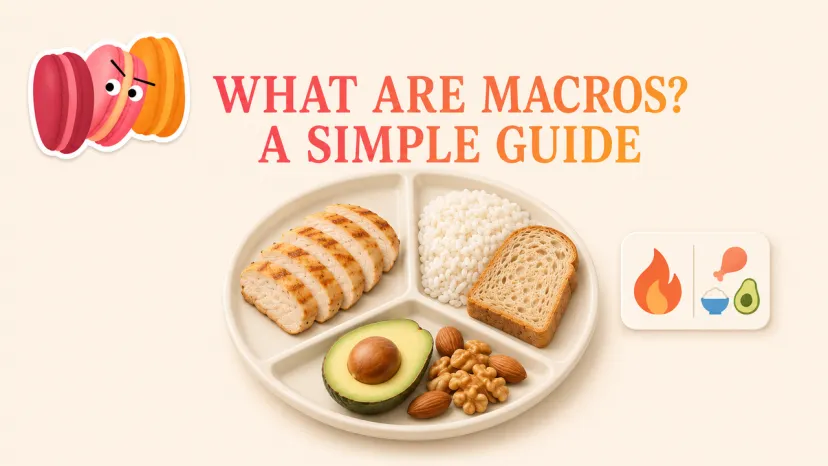  A divided plate with chicken, rice, and avocado explaining what are macros in a simple guide. 