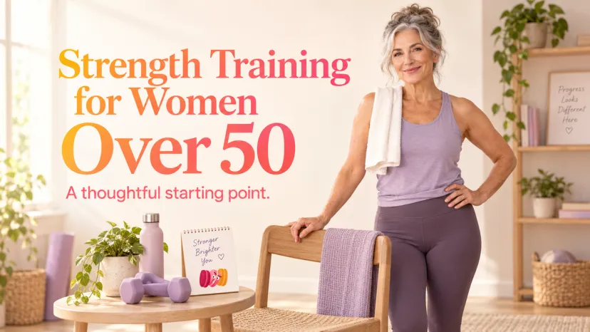 A mature woman beside a chair and light weights introduces strength training for women over 50 with a calm setup.