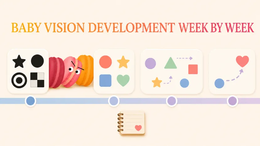 Timeline graphic showing stages of baby vision development week by week from high-contrast shapes.