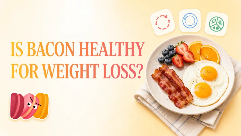 A plate with crispy strips, eggs, and fruit tracking if is bacon healthy for weight loss.