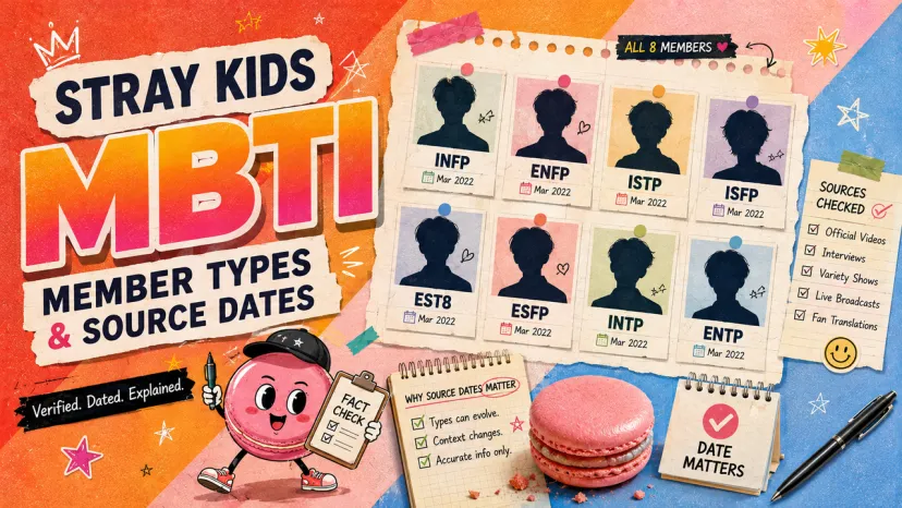 Verified Stray Kids MBTI: Complete Member List & Sources (Mar 2022) Stray Kids MBTI types infographic showing 8 members, source check details, and explanations.