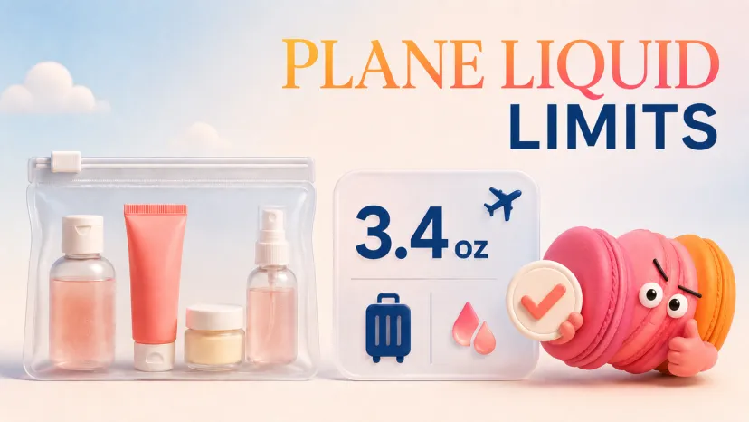 Macaron character pointing to a 3.4 oz sign near travel toiletries, showing how many ounces can you take on a plane.