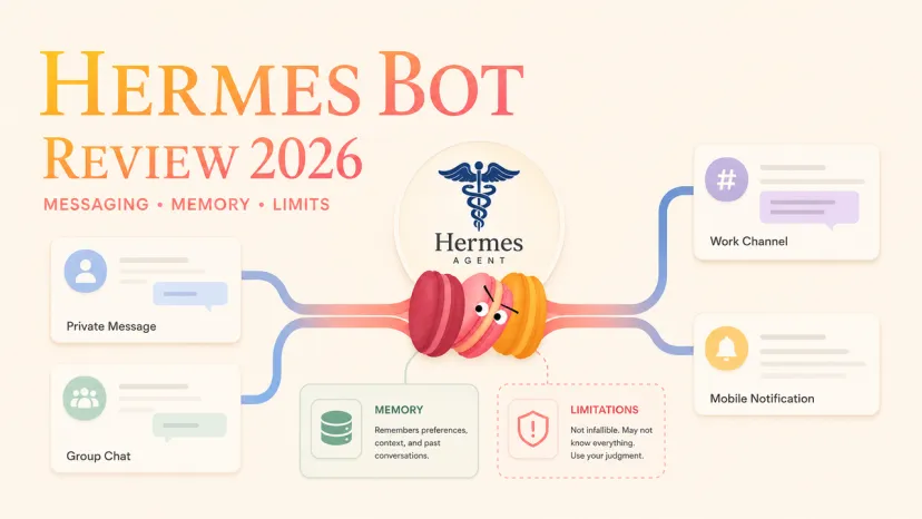 Overview graphic from a Hermes Bot review showing messaging channels, memory, and limitations.